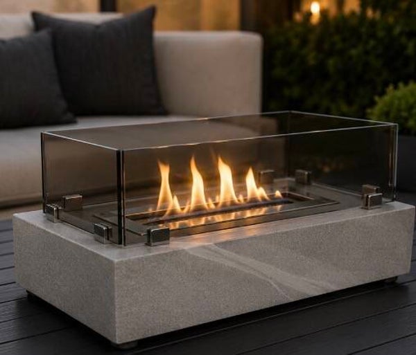 Porcelain tabletop fire pit with smoky grey glass wind guard – luxury bioethanol fireplace 14 x 8 x 4 inch