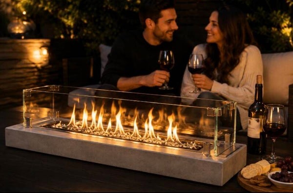 Concrete table top bioethanol fire pit with Glass Surround & Premium Burner