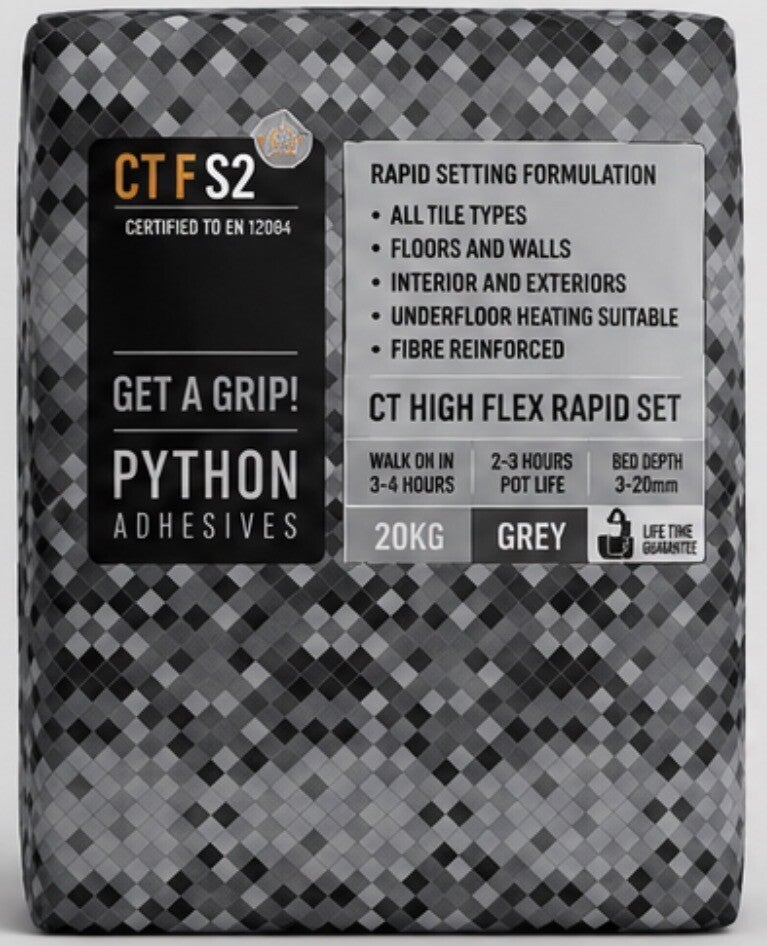Python GT Rapid Set S2 Ultra-Flexible Tile Adhesive (20kg) – Grey