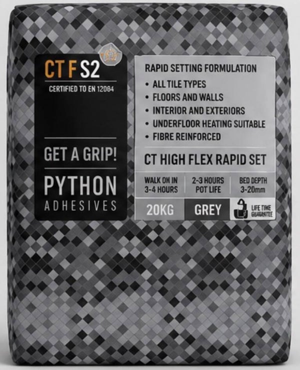 Python GT Rapid Set S2 Ultra-Flexible Tile Adhesive (20kg) – Grey