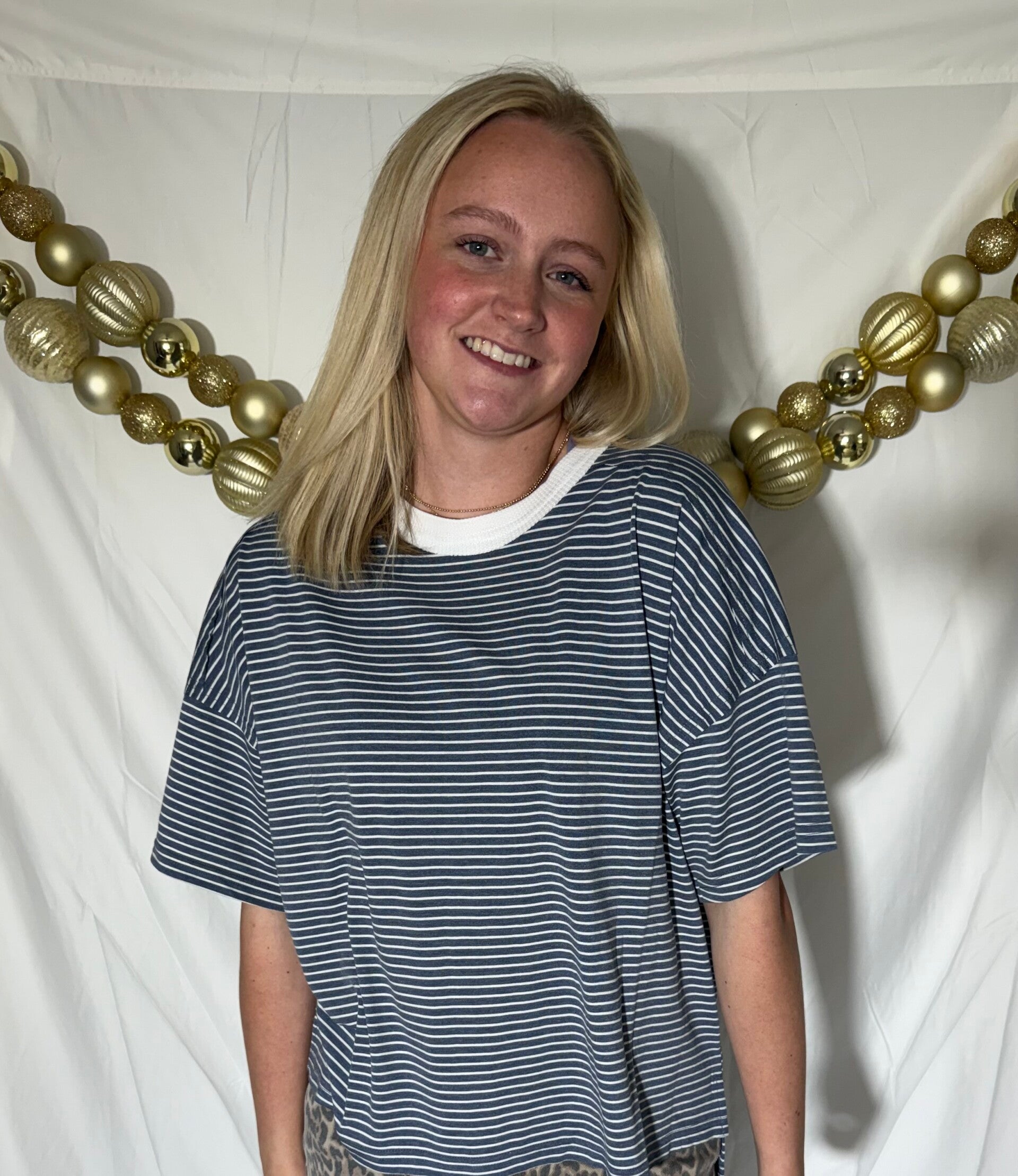 Basic Striped Drop Shoulder Short Sleeves Top