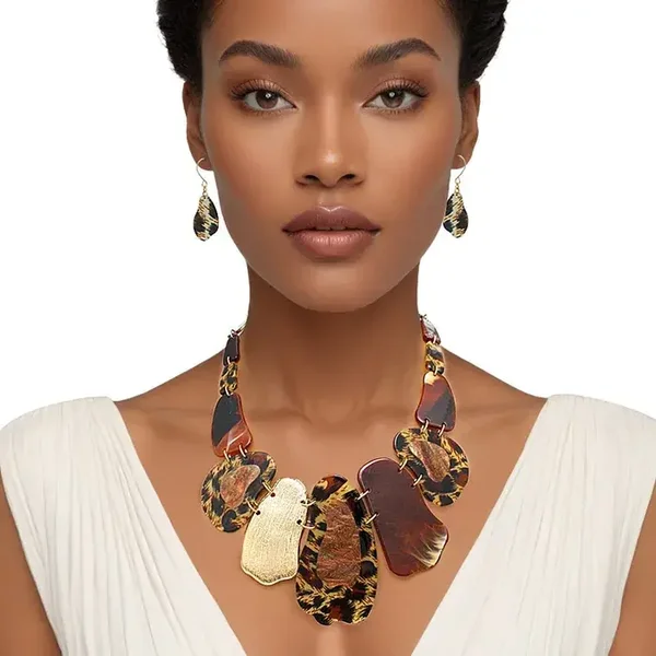 Necklace Brown Leopard Oval Set