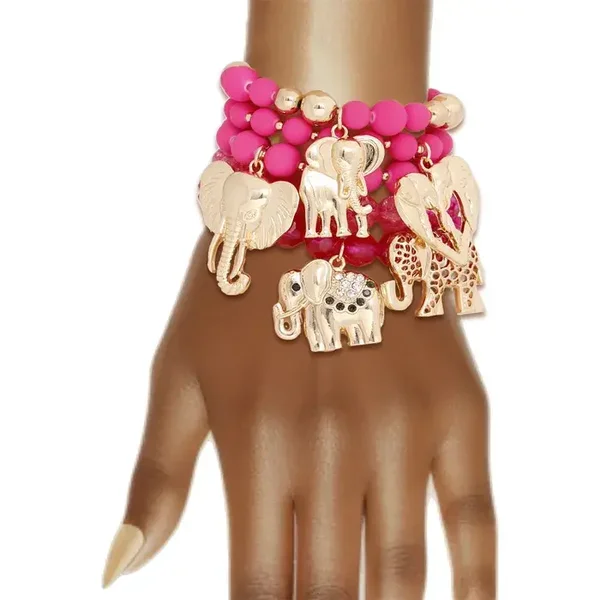 Mixed Fuchsia Bead Elephant Bracelet