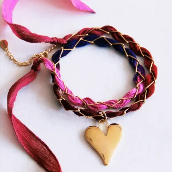 D-chain kettinkje met zijde en hart - paars/roze/bordeaux