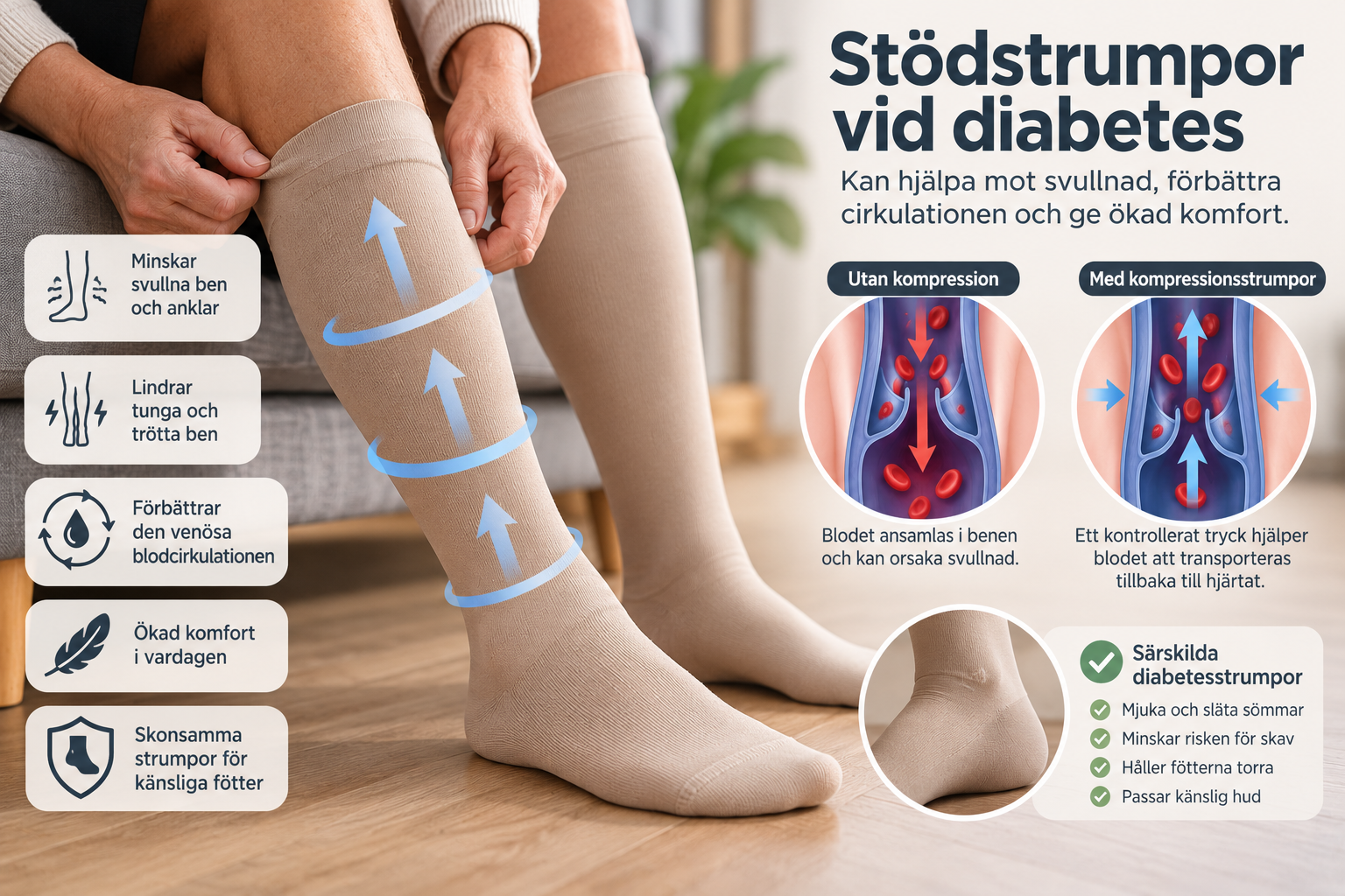 Stödstrumpor vid diabetes – illustration som visar hur kompressionsstrumpor kan minska svullna ben, förbättra det venösa blodflödet och ge ökad komfort.