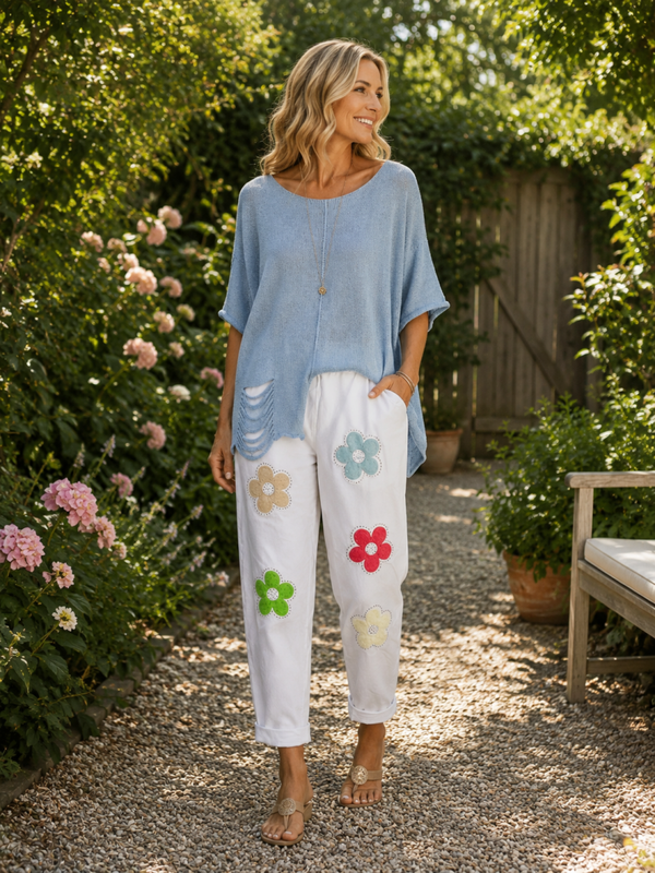 tolle Jogpant mit geflockten Blumen