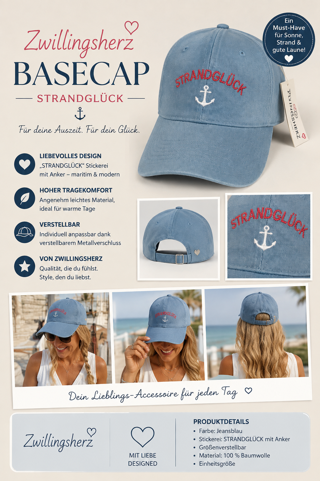 cooles Basecap Strandglück von Zwillingsherz