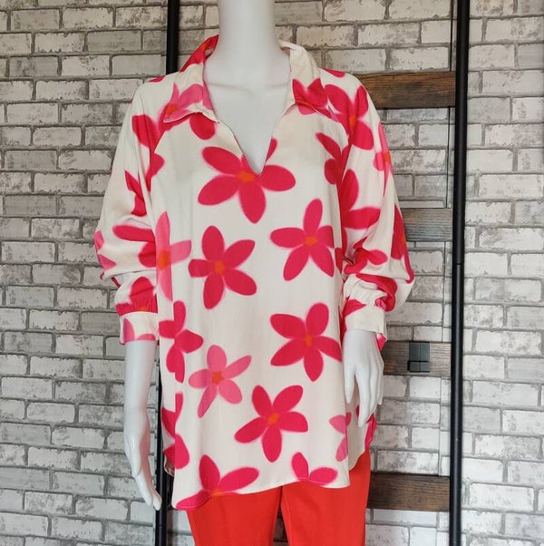 tolle Bluse fuchsia pink Orangen Blumen Flower Power