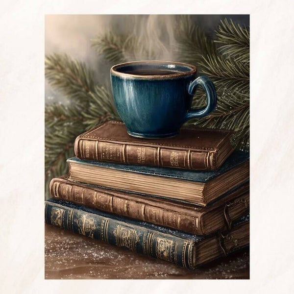 Oude boeken met blauwe mok