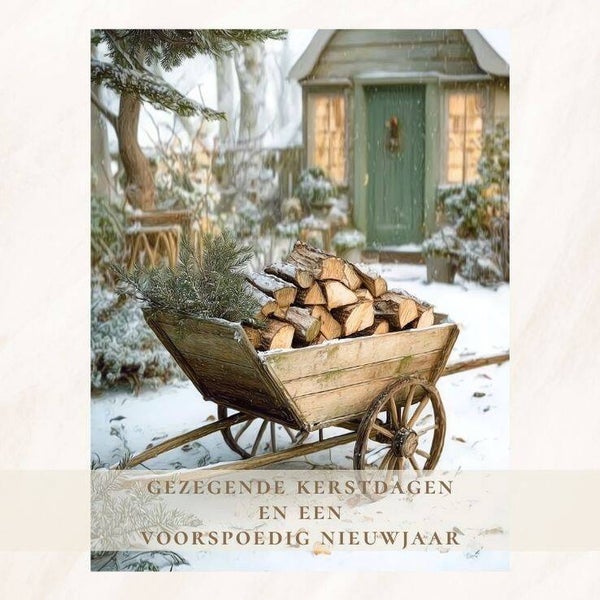 Houten kar in sneeuw - gezegende kerstdagen