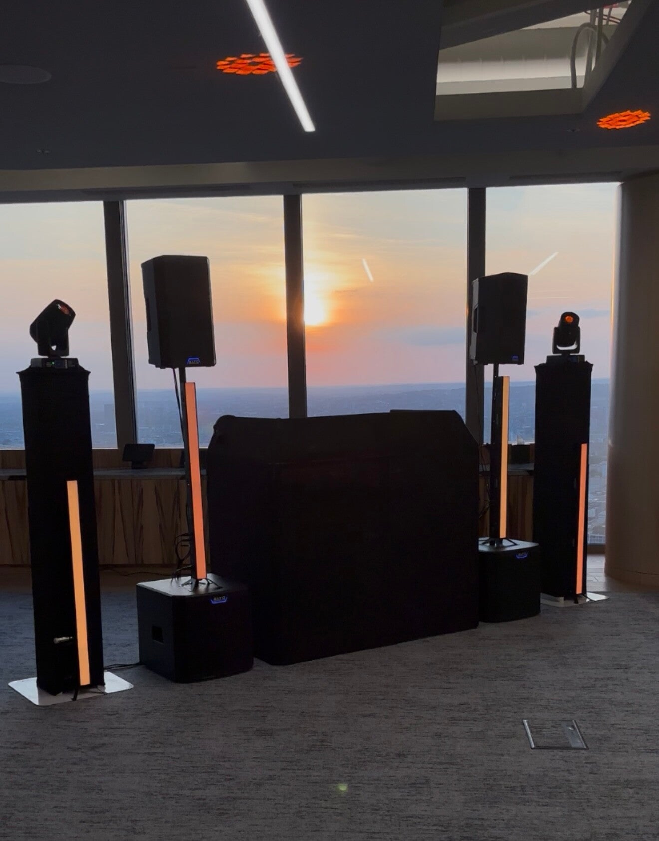 Black MHX booth, sound system and lighting at 22 Bishopsgate, London