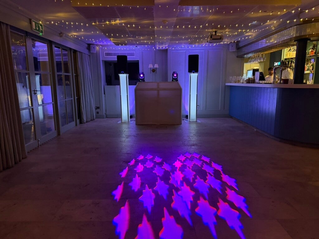 Compact white MHX DJ setup at the Burbeck Interiors party, Bingham Riverhouse, Richmond