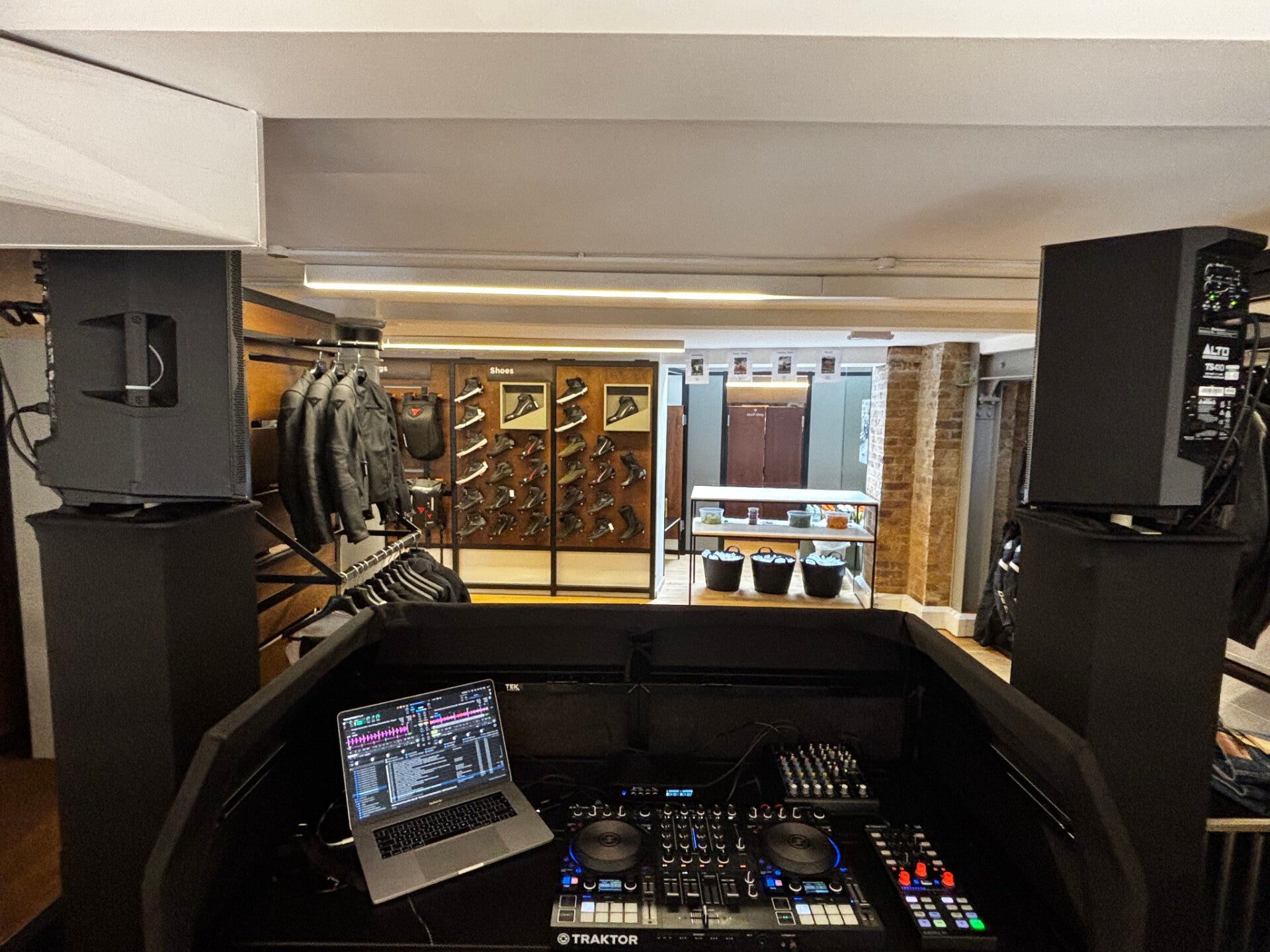 View from the MHX DJ decks inside the Dainese store