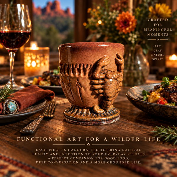 Scorpion Totem Ceramic Goblet. Hand-carved, one-of-a-kind artisan pottery.