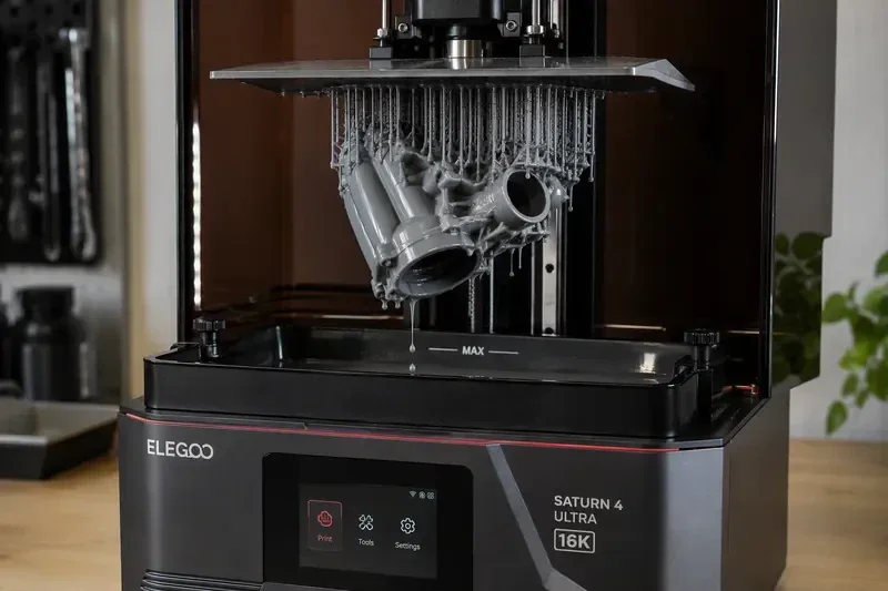 SLA resin 3D-printer van 3Dplanner met een gedetailleerd kunsthars object op het bouwplatform