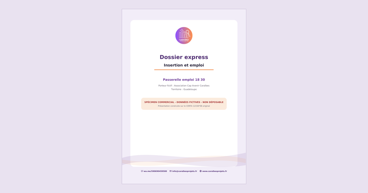 Couverture d’un spécimen de Dossier express à données fictives (Insertion et emploi, Guadeloupe)
