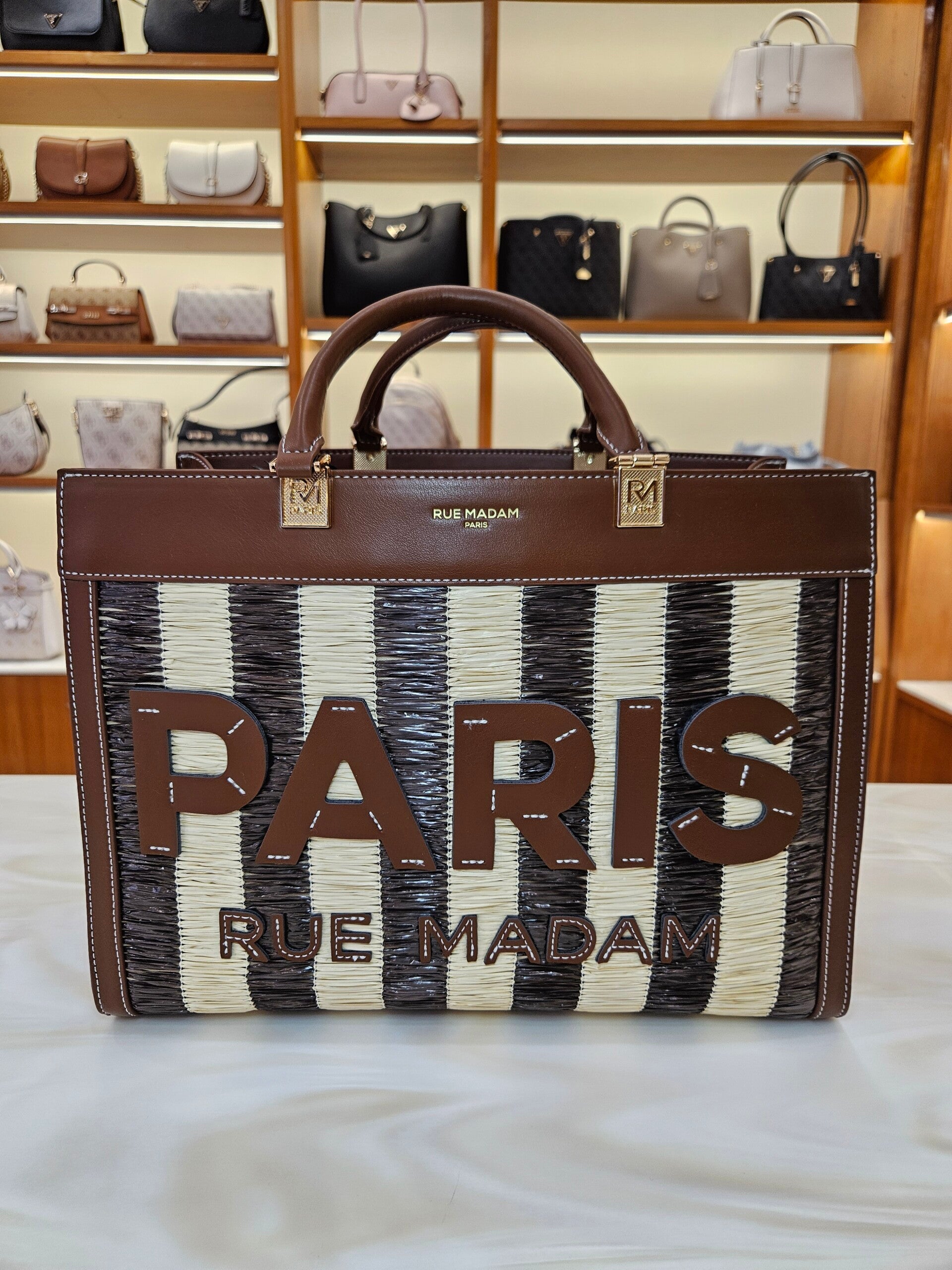Rue Madam Borsa Tote in Rafia con Logo