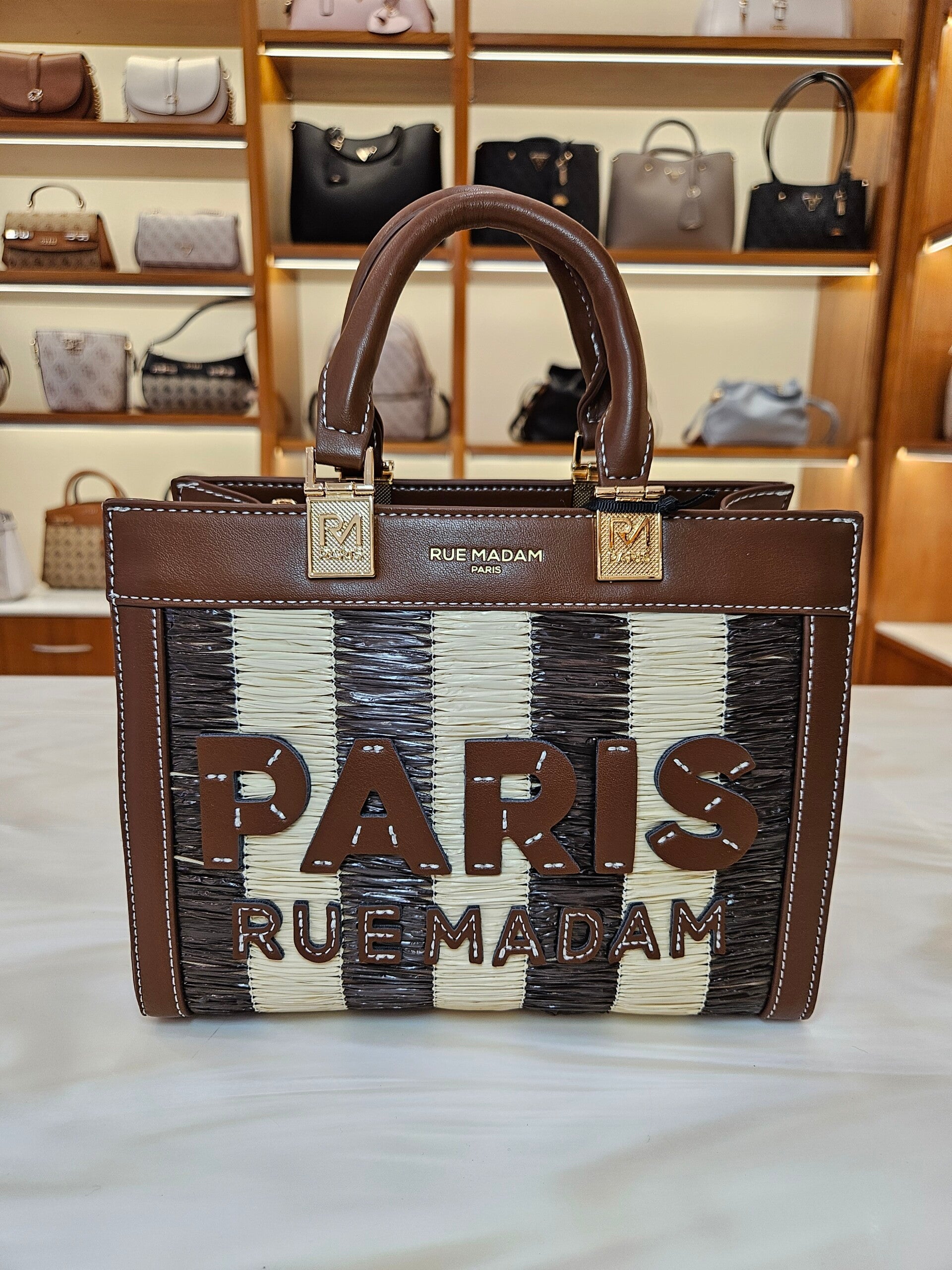 Rue Madam Borsa Mini Tote in Rafia con Logo