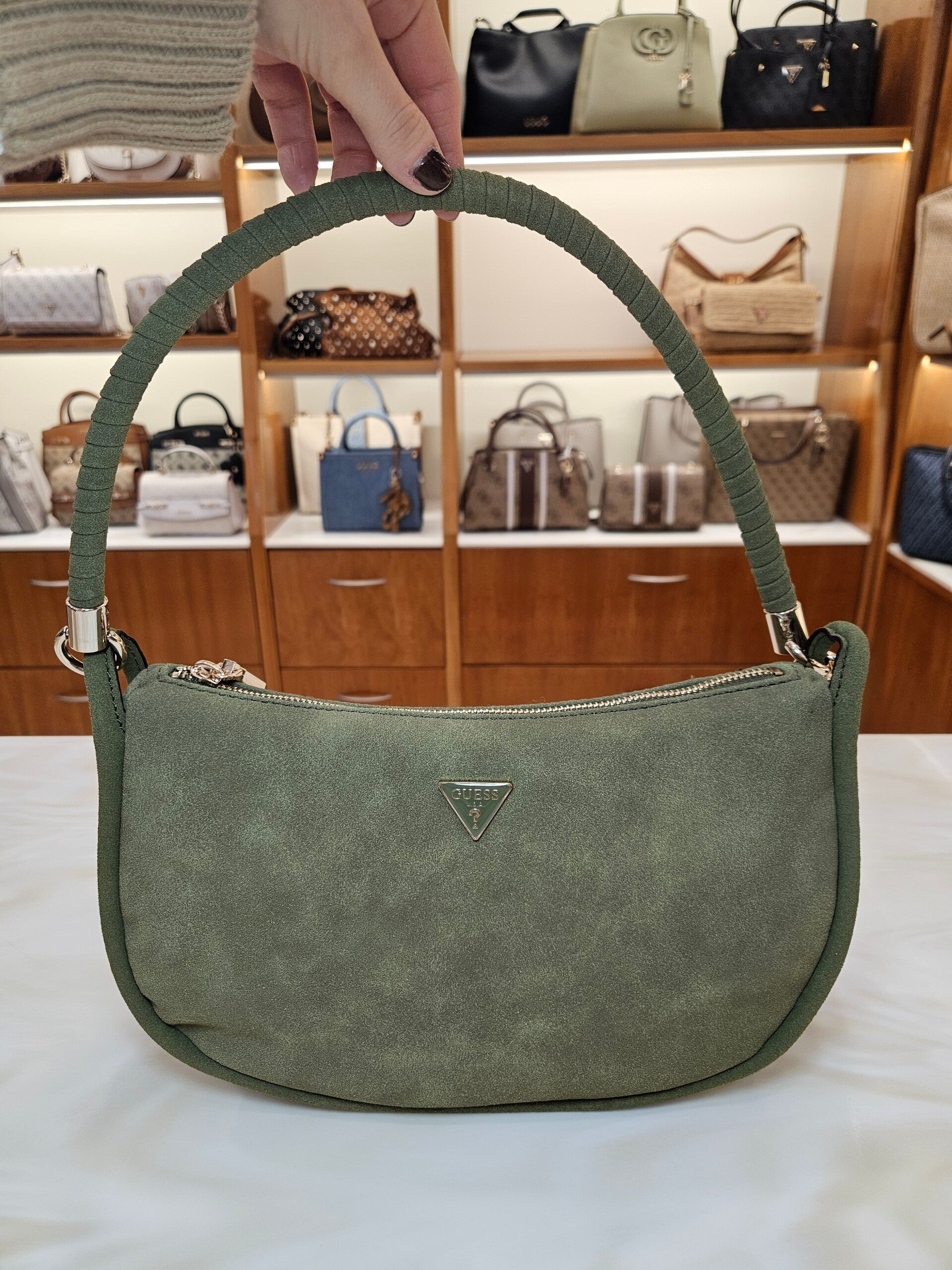 Guess Borsa a Spalla In Suede Verde Oliva