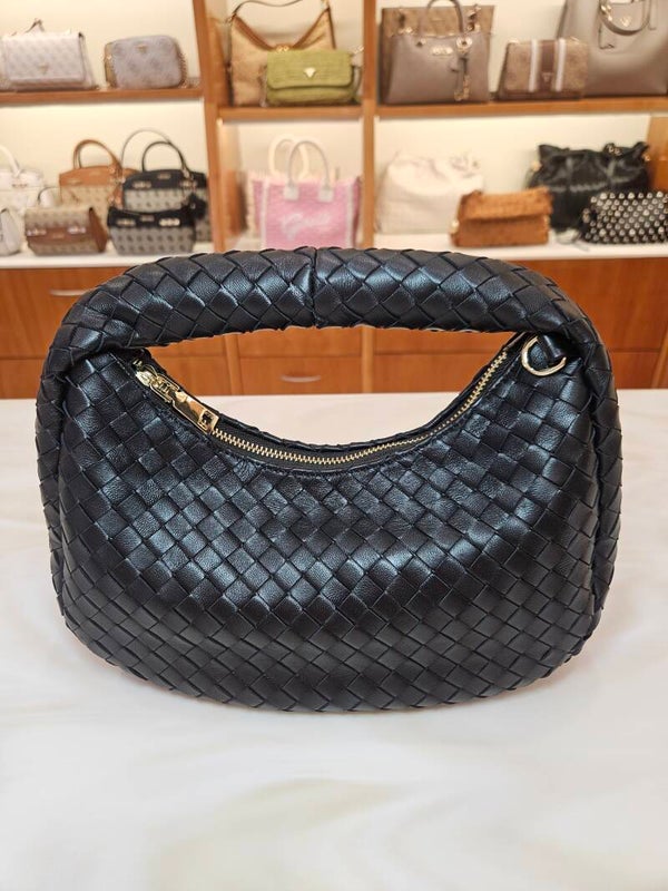 Borsa Hobo Intrecciata Nera in Vera Pelle Fiorentina