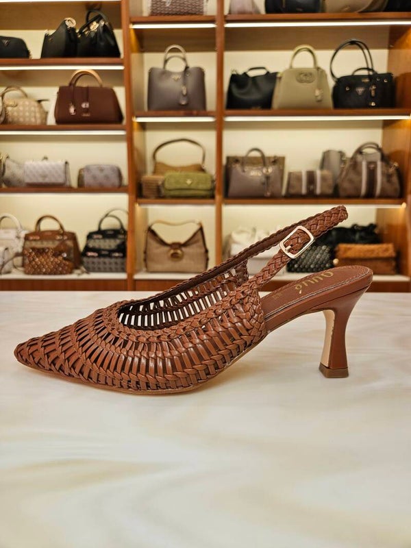 Ovyé Slingback Tabacco in Vera Pelle Intrecciata