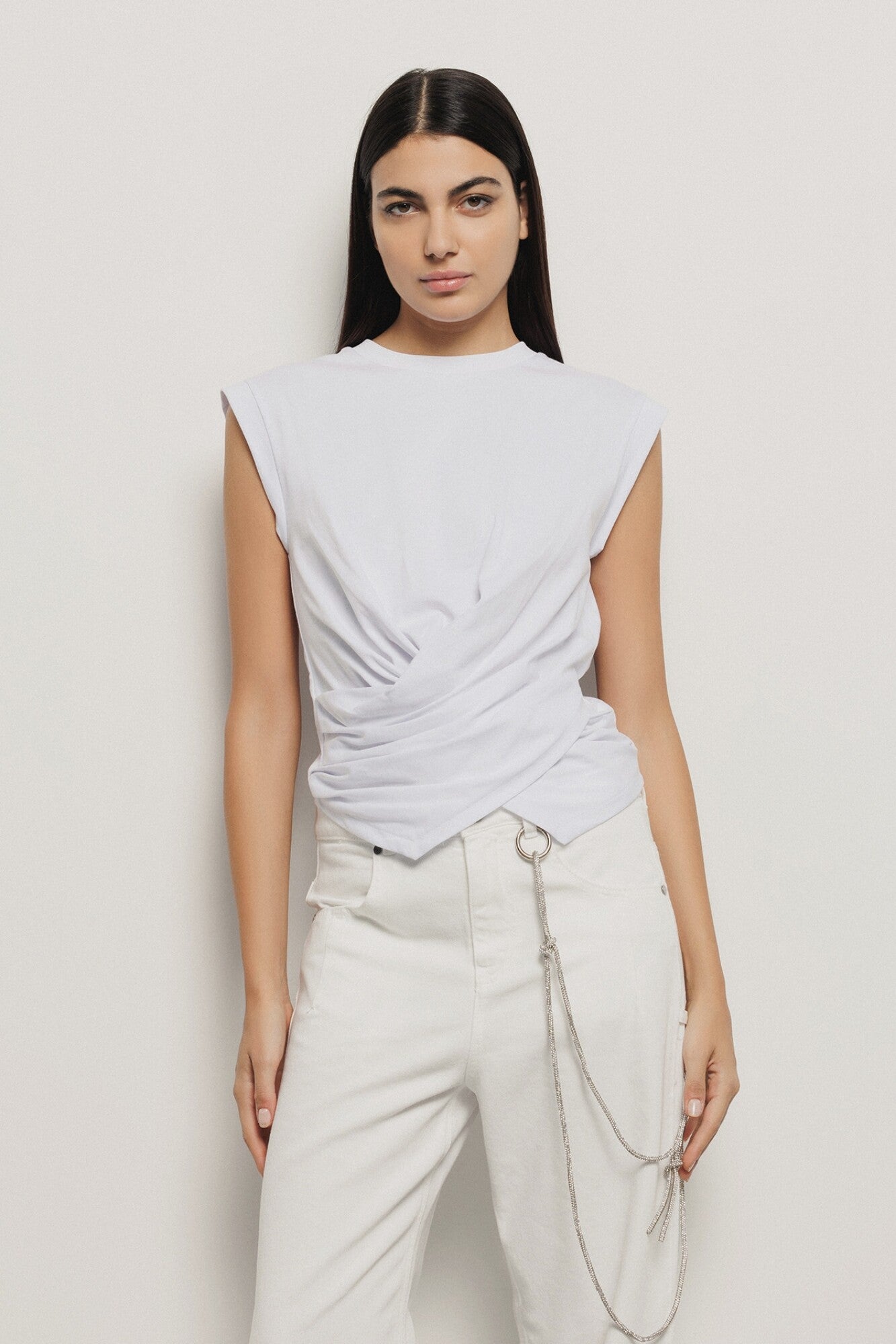 Gaëlle Paris T-shirt Smanicata Bianca con Incrocio sul Davanti