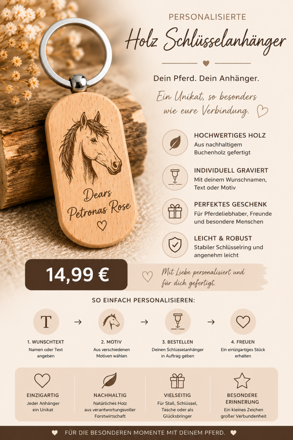 Personalisierter Holz-Schlüsselanhänger mit Pferdemotiv