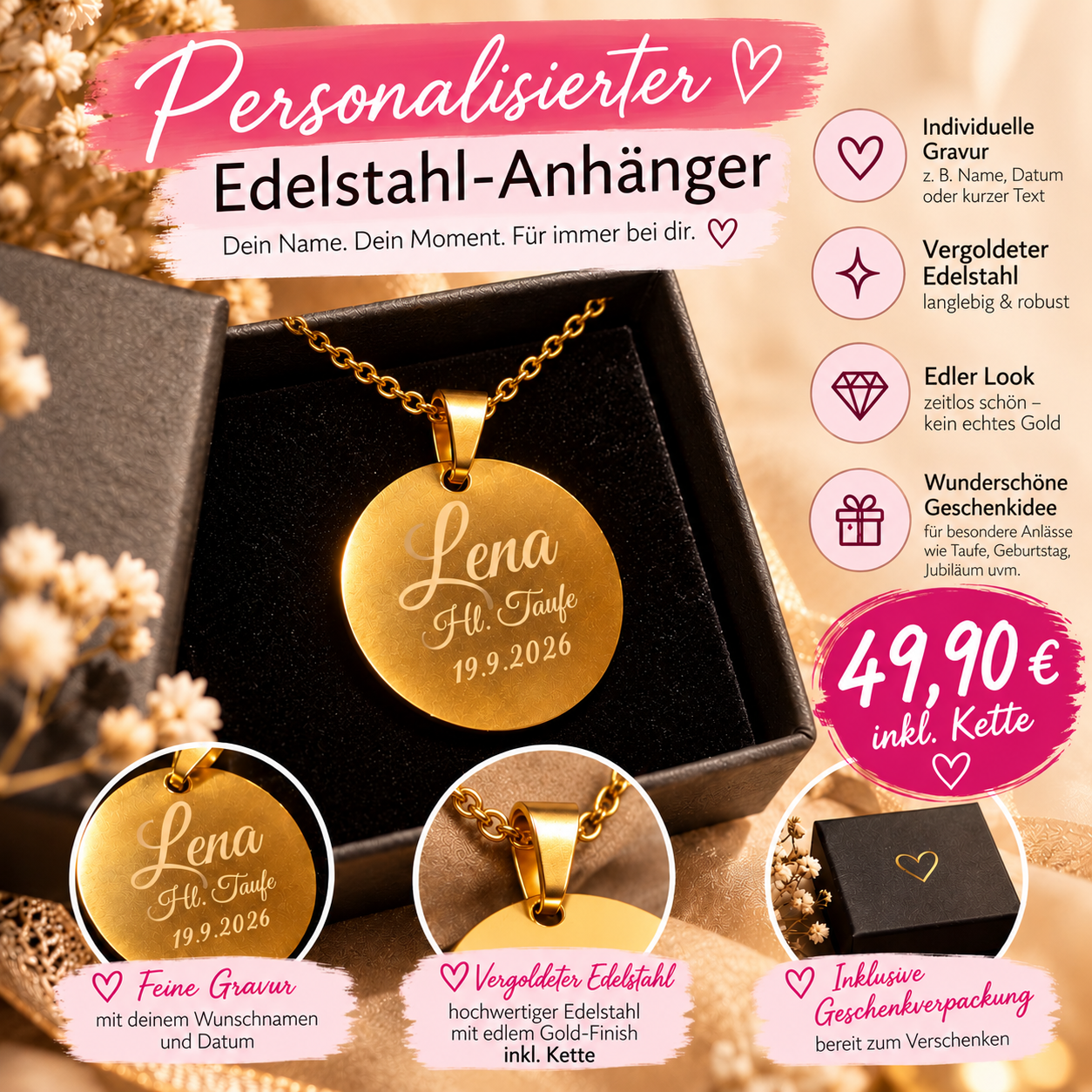 Personalisierter Edelstahl-Anhänger mit Wunschgravur