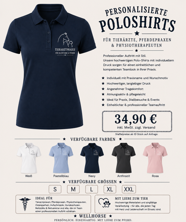 Professionelle Poloshirts für Tierärzte, Pferdepraxen & Physiotherapeuten