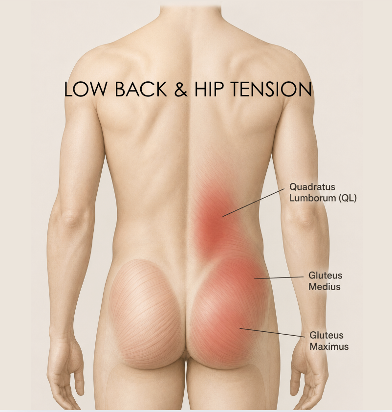 Lower back and hip tension diagram showing common muscle areas