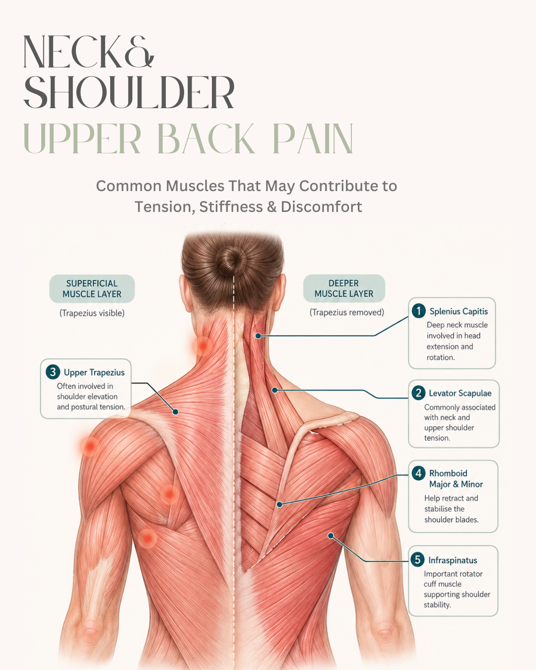 Neck and shoulder muscle tension diagram showing common upper back muscles