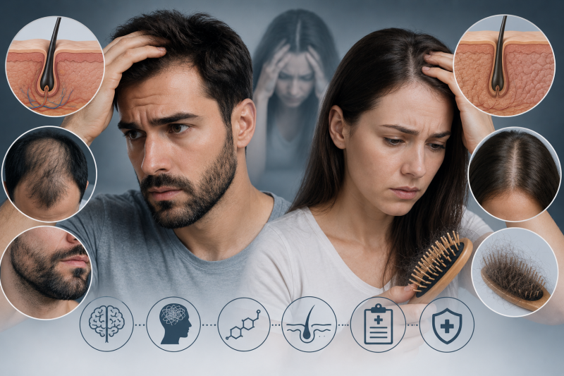 Caduta dei capelli e perdita della barba da stress negli uomini e nelle donne: cause, sintomi e salute dei follicoli piliferi.
