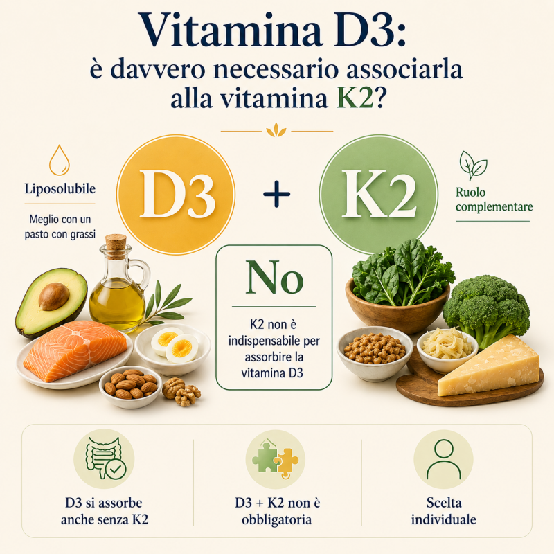Vitamina D3 e vitamina K2: la K2 non è indispensabile per l’assorbimento della vitamina D3, ma svolge funzioni complementari nel metabolismo osseo.
