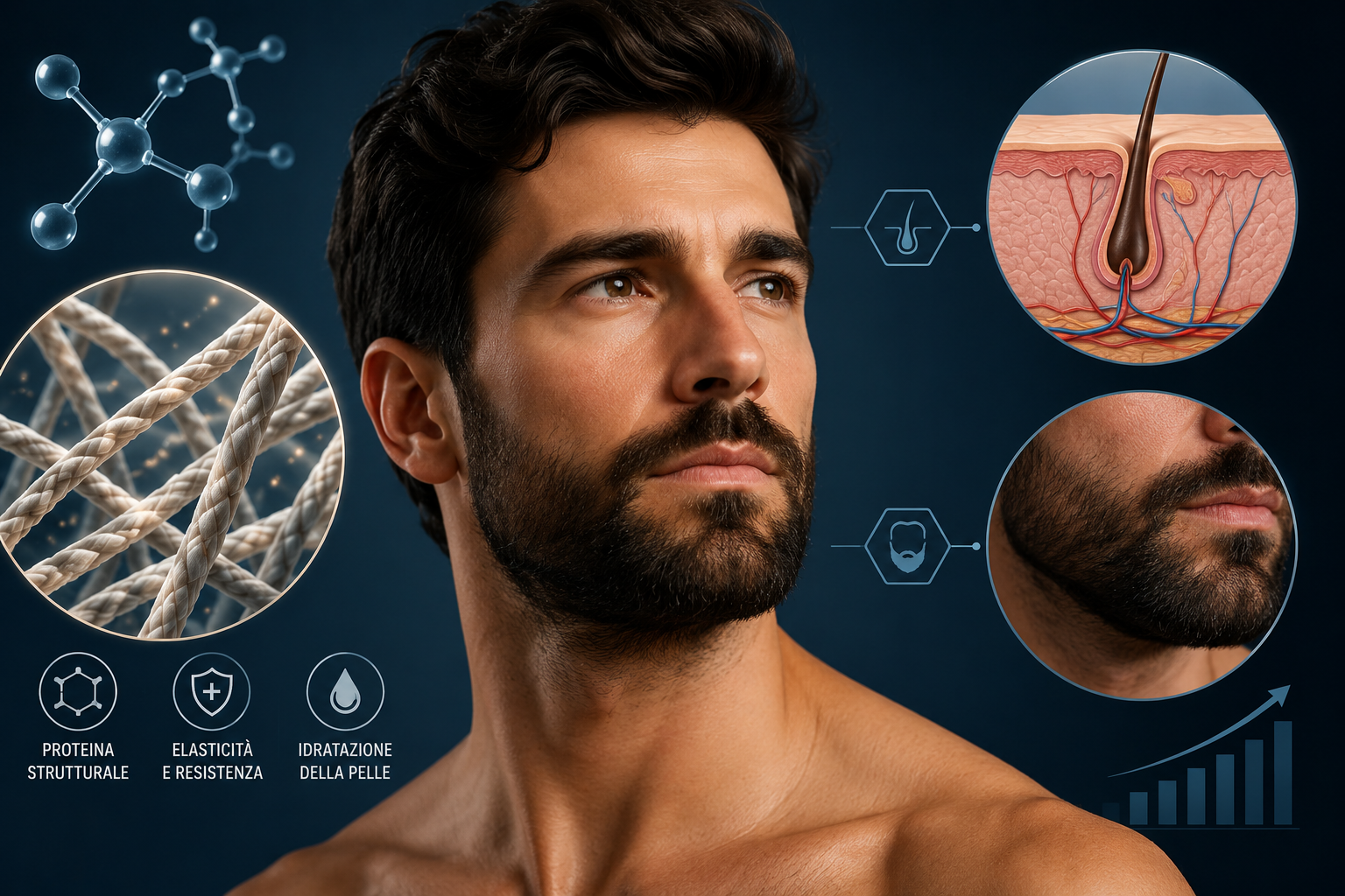 Collagene e barba negli uomini: ruolo del collagene nella salute della pelle, dei follicoli piliferi e della crescita della barba.