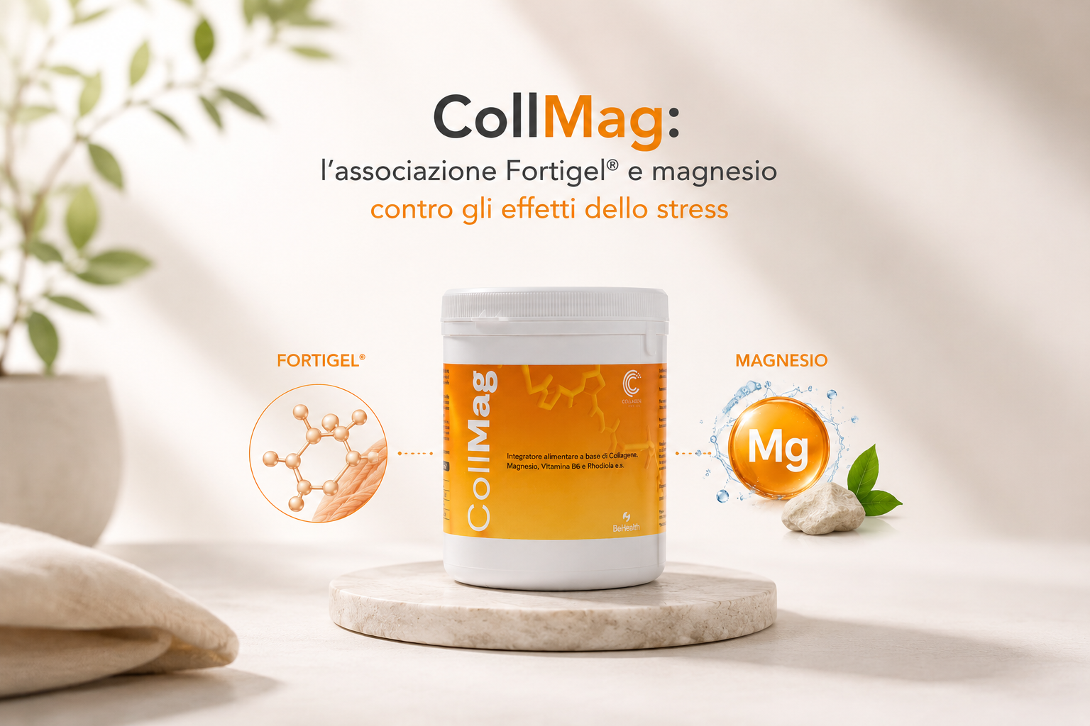 CollMag con collagene Fortigel® e magnesio: supporto contro stress, stanchezza, benessere articolare e salute dei capelli.