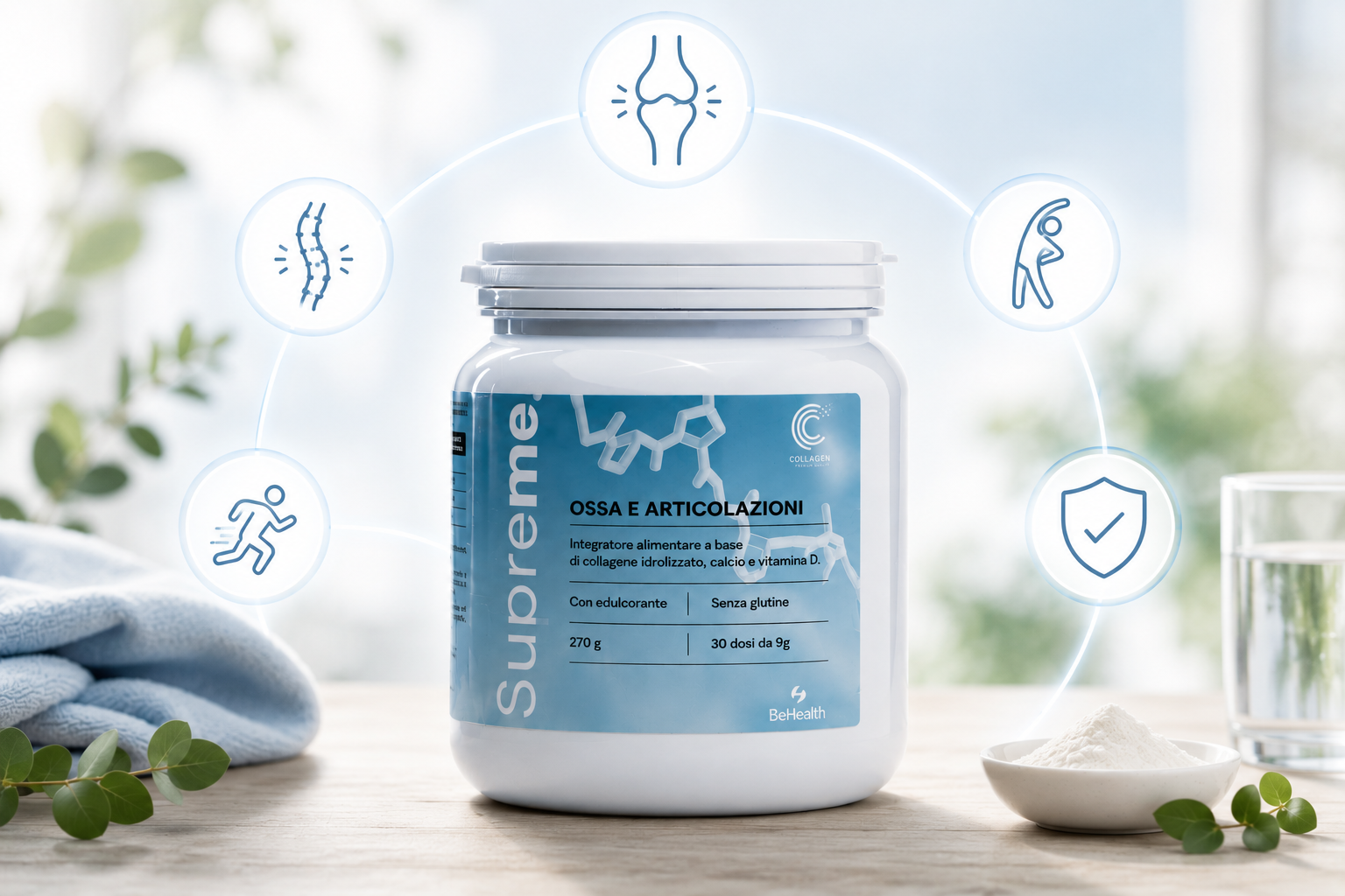 Immagine del Supreme Ossa e Articolazioni con icone dedicate al benessere articolare, mobilità, schiena e supporto della cartilagine, in stile wellness naturale e moderno.
