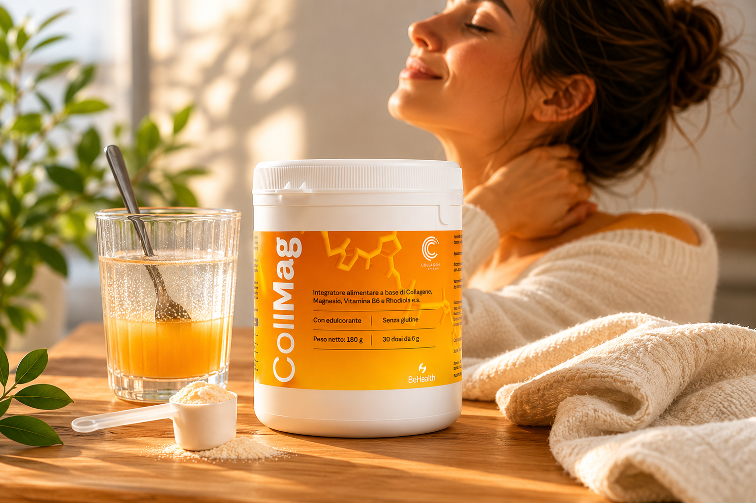CollMag BeHealthGlobal con magnesio bisglicinato e collagene idrolizzato in polvere per articolazioni, stanchezza e tensioni muscolari