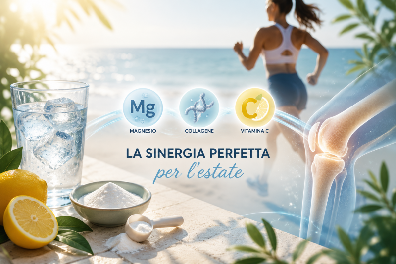 Magnesio in estate: supporto per energia, funzione muscolare, articolazioni e benessere grazie alla combinazione di magnesio, collagene e vitamina C.