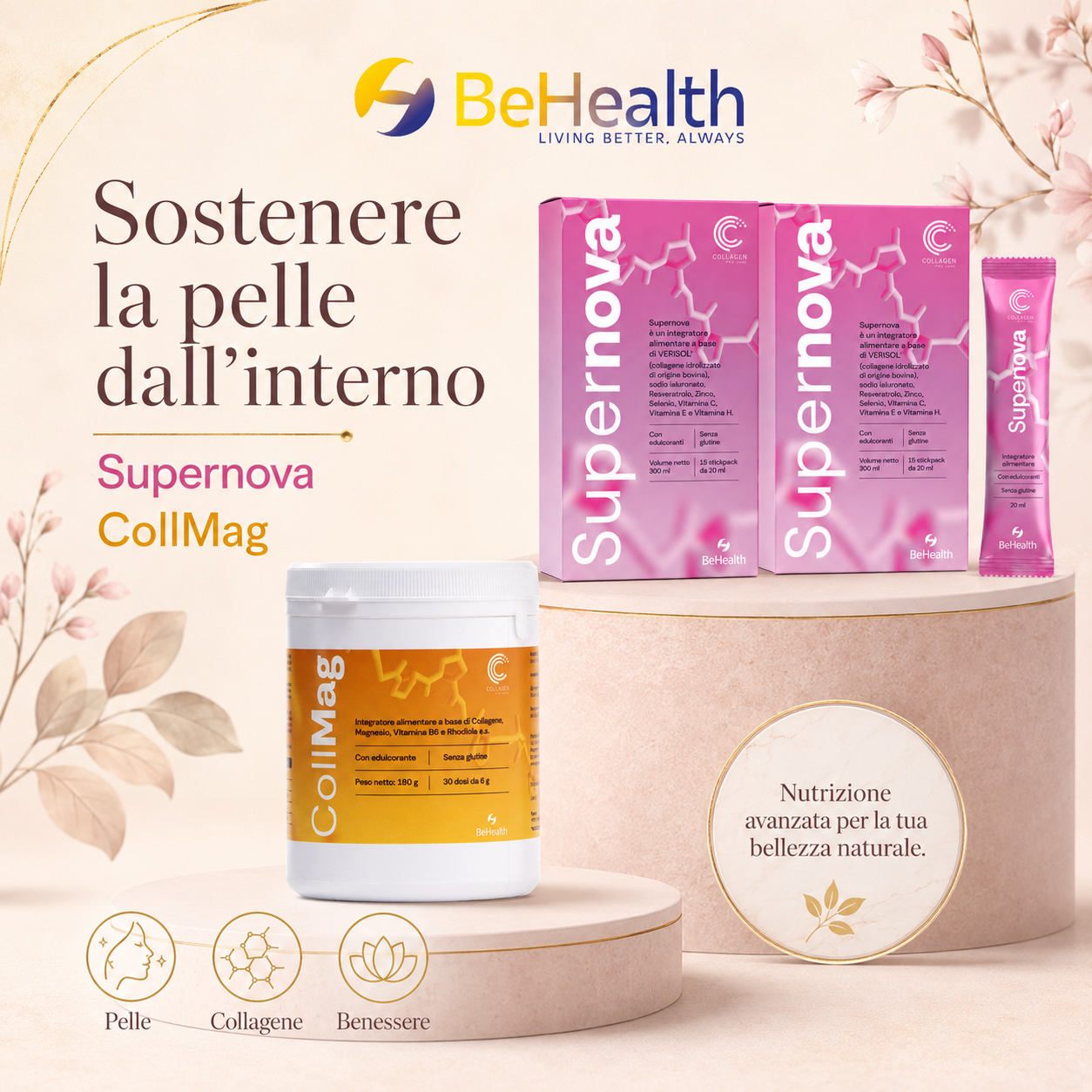 Supernova e CollMag per sostenere la pelle dall’interno: collagene, vitamine, minerali e nutrienti per il benessere e la qualità della pelle.