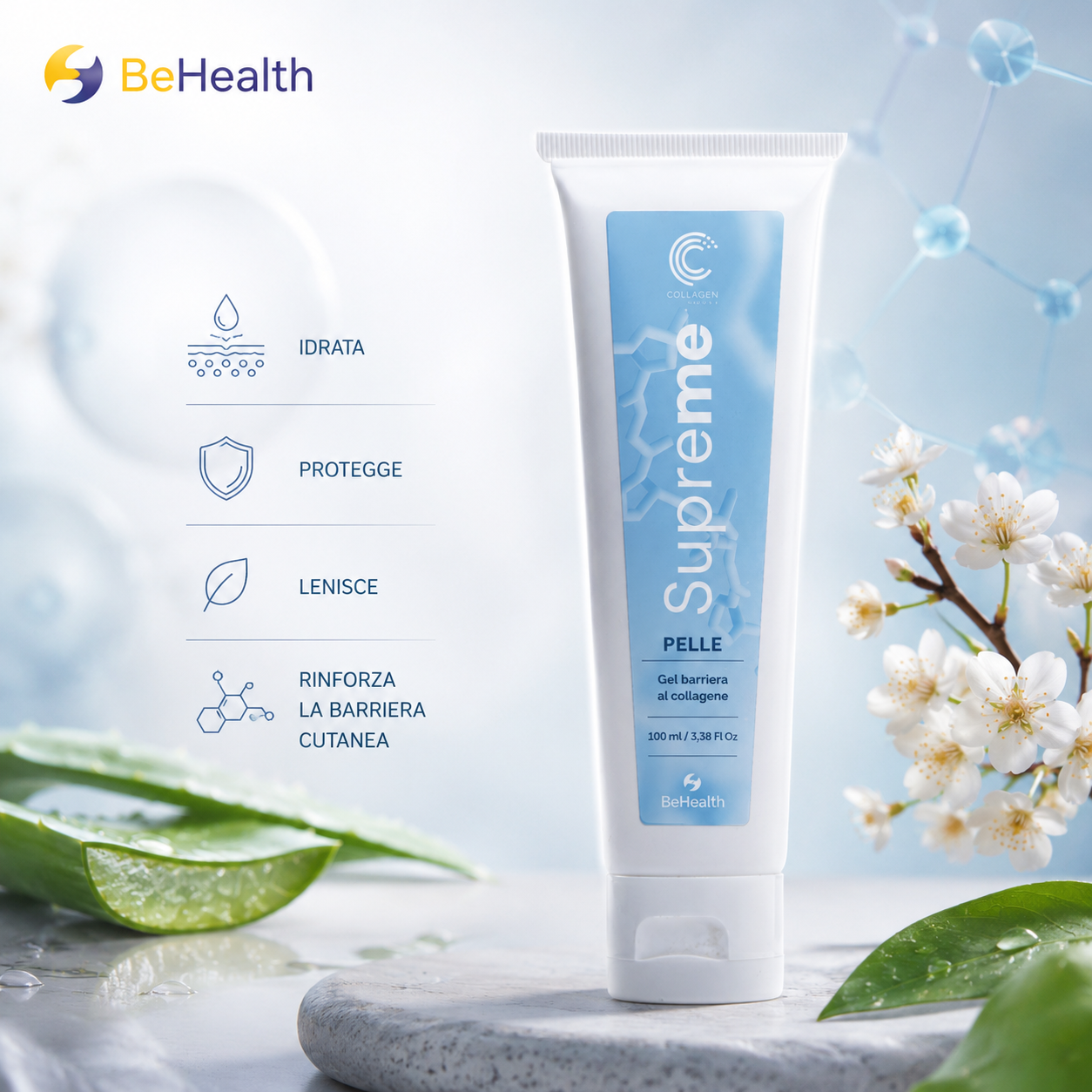 Supreme Pelle Gel BeHealth: gel barriera al collagene per idratare, proteggere e sostenere il comfort della pelle secca e fragilizzata.