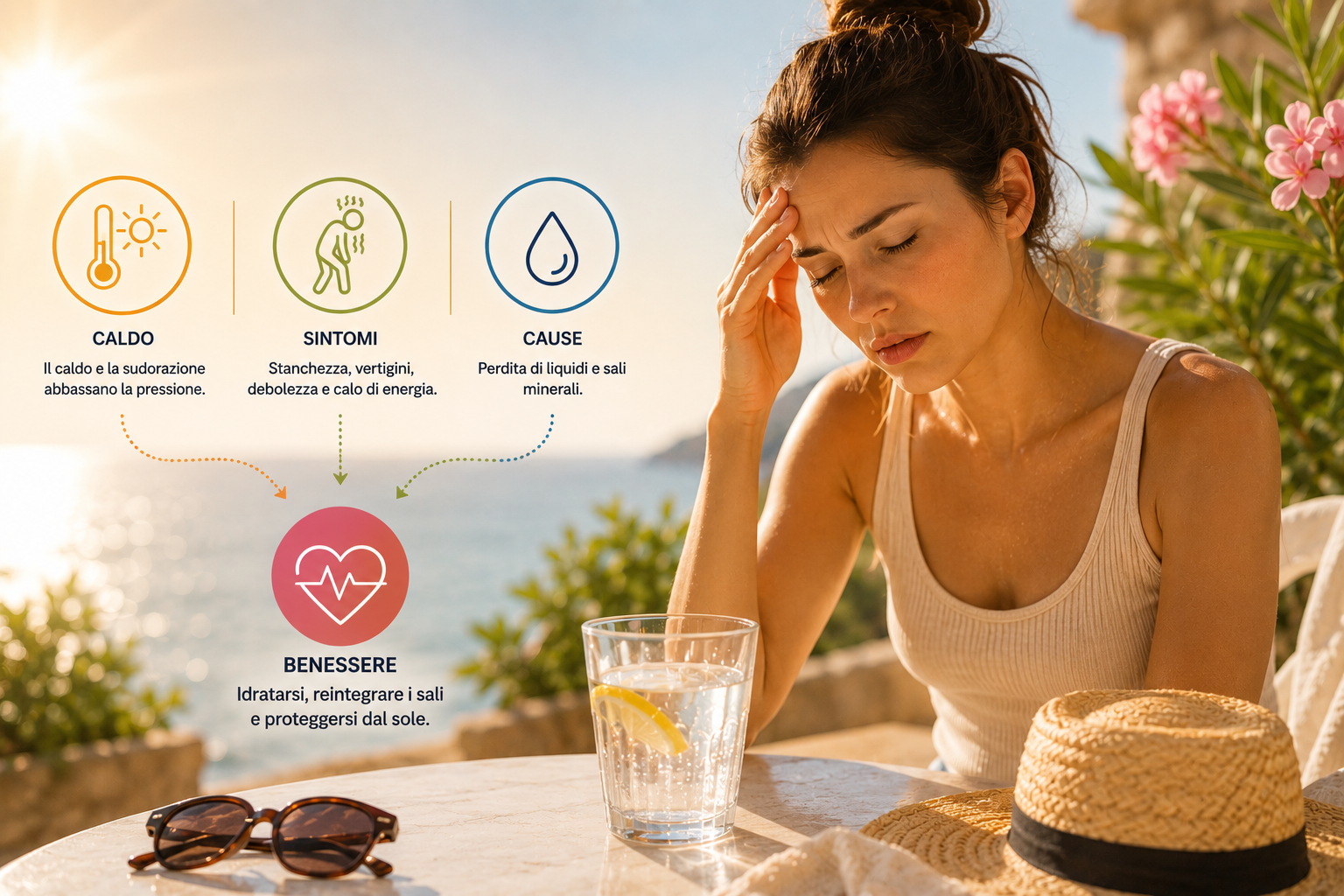 Pressione bassa in estate: donna con stanchezza e vertigini causate dal caldo e dalla disidratazione. Immagine illustrativa dei sintomi dell'ipotensione estiva e della perdita di sali minerali.