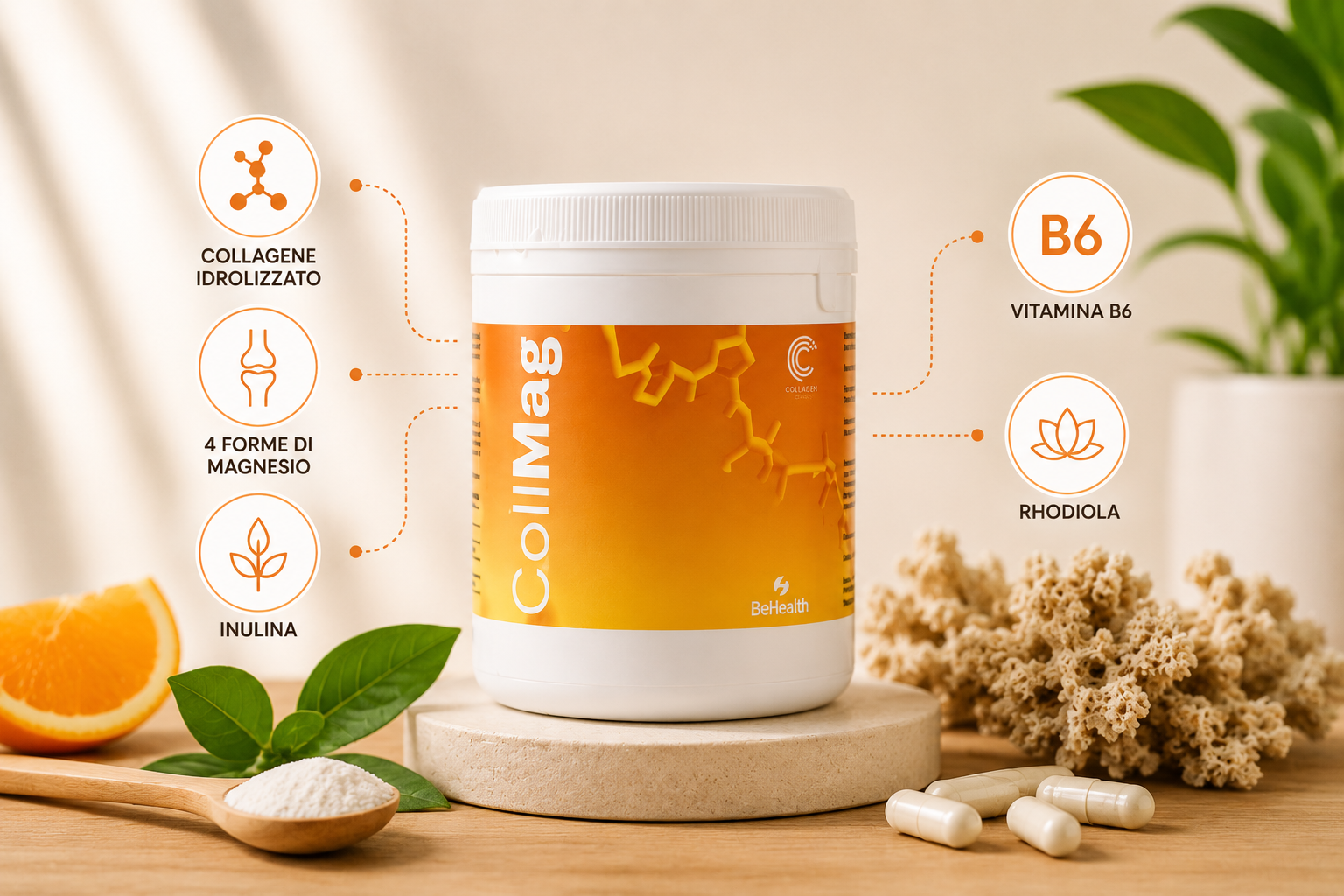 Una formula completa che unisce collagene idrolizzato, magnesio, vitamina B6, inulina e rodiola per sostenere energia, articolazioni, muscoli e benessere quotidiano.