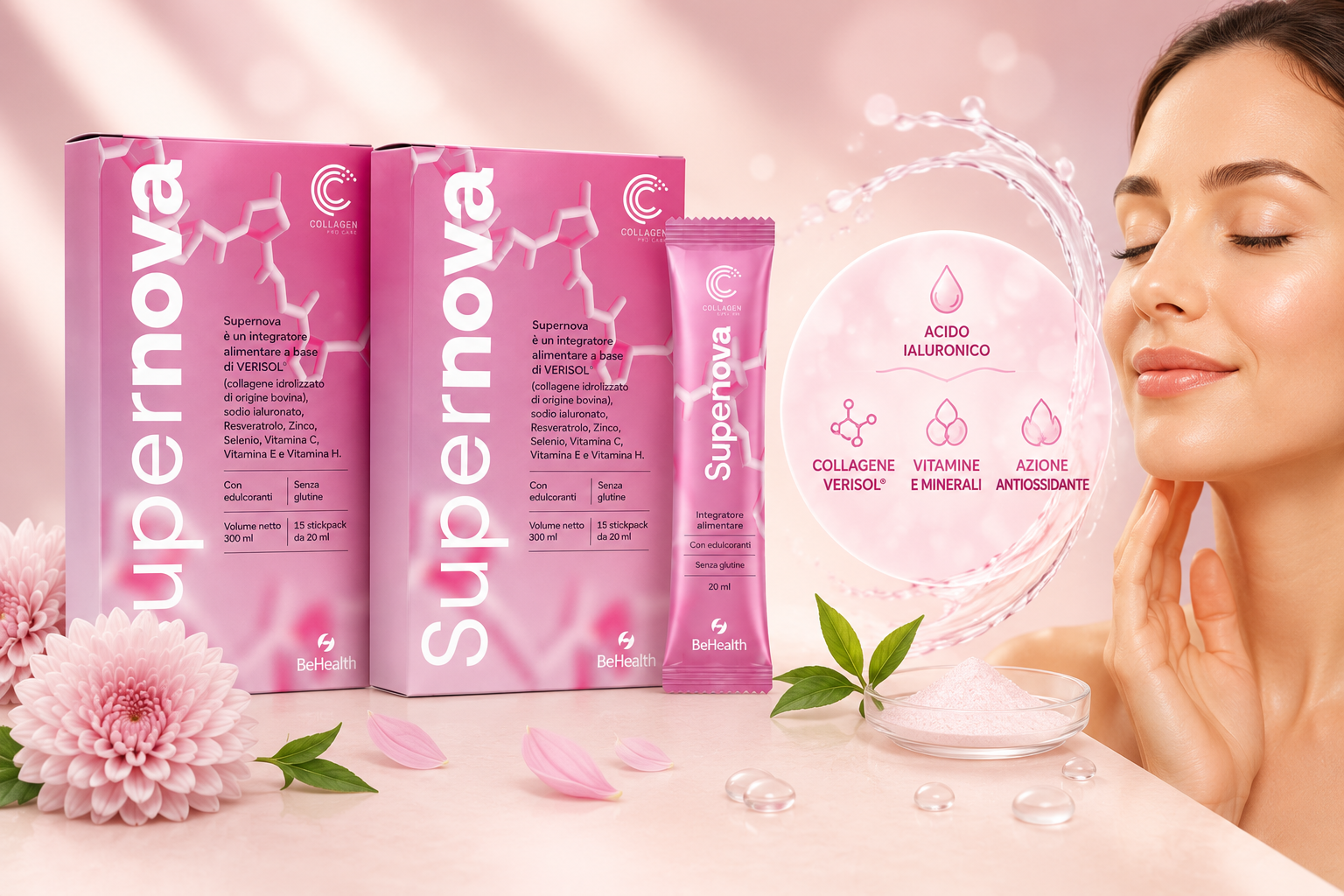 Collagene Verisol® e acido ialuronico per sostenere la bellezza della pelle e contrastare i segni dell'invecchiamento.