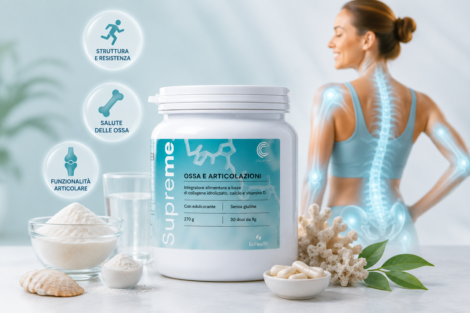 Integratore per ossa e articolazioni con collagene idrolizzato, calcio fosfato tribasico e vitamina D3 per mobilità e struttura ossea.