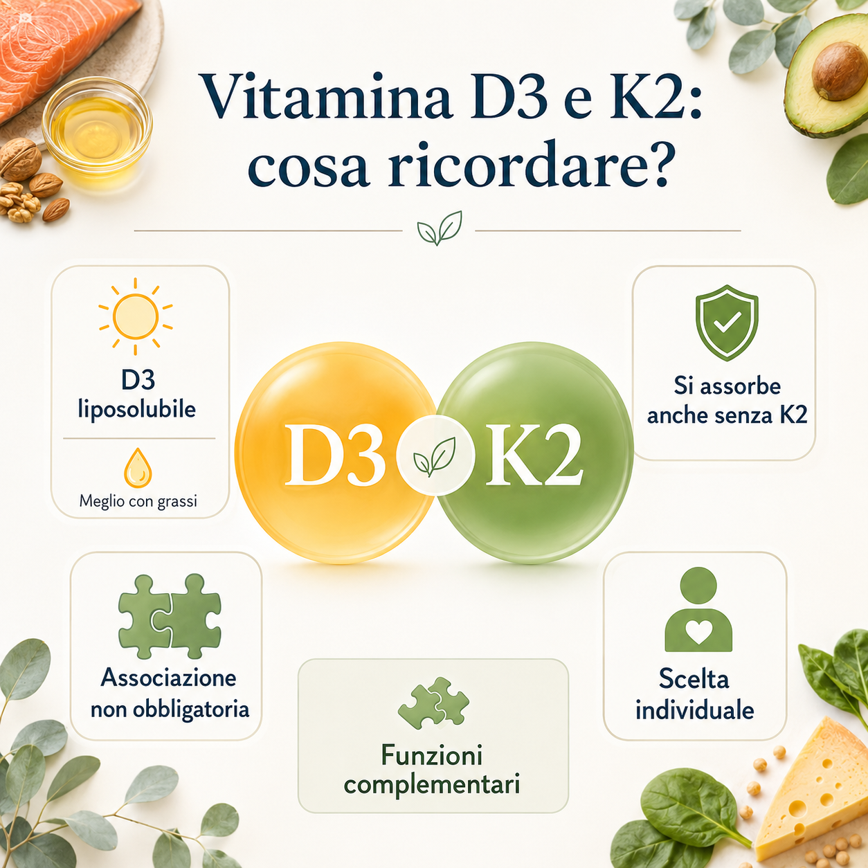 Vitamina D3 e K2: la K2 non è indispensabile per l’assorbimento della vitamina D3, mentre le due vitamine possono svolgere funzioni complementari nel metabolismo osseo.
