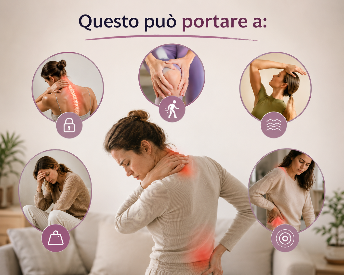 Infografica sul benessere articolare con donna che soffre di dolori cervicali, rigidità alla schiena, fastidi nei movimenti e sensazione di corpo pesante, utilizzata per illustrare tensioni muscolari e dolori diffusi.