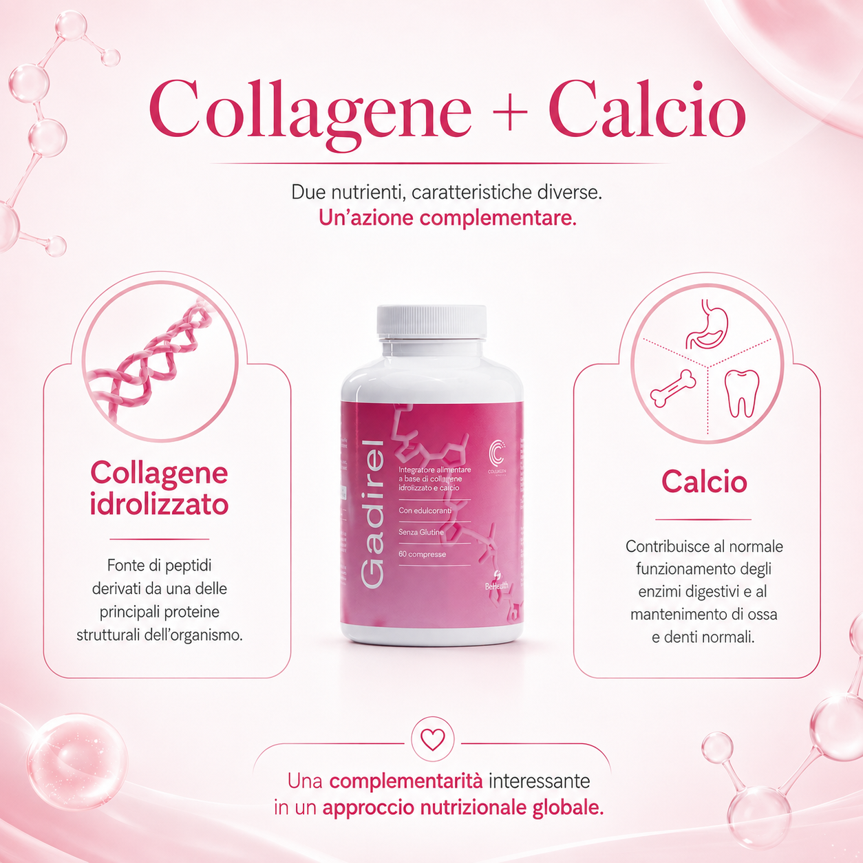 Integratore Gadirel con collagene idrolizzato e calcio, utile per il normale funzionamento degli enzimi digestivi e per il mantenimento di ossa e denti normali.