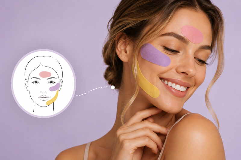 Kinesio Taping viso anti-age con nastri facciali colorati per favorire drenaggio, rilassamento muscolare e distensione della pelle.
