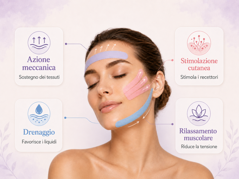 Kinesio Taping facciale con azione meccanica, stimolazione cutanea, drenaggio e rilassamento muscolare per il benessere e l’aspetto della pelle.