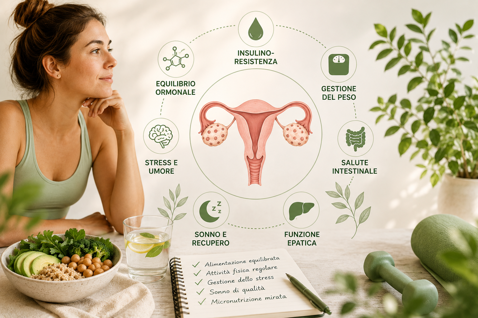 PCOS e micronutrizione: equilibrio ormonale, insulino-resistenza, gestione del peso, stress, sonno e salute metabolica.
